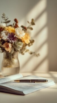 ฺBackground for business Elegant floral bouquet with colorful flowers in glass vase beside open notebook and pen on soft light background