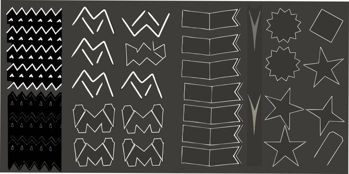 Geometric line patterns and star shapes on a dark gray background