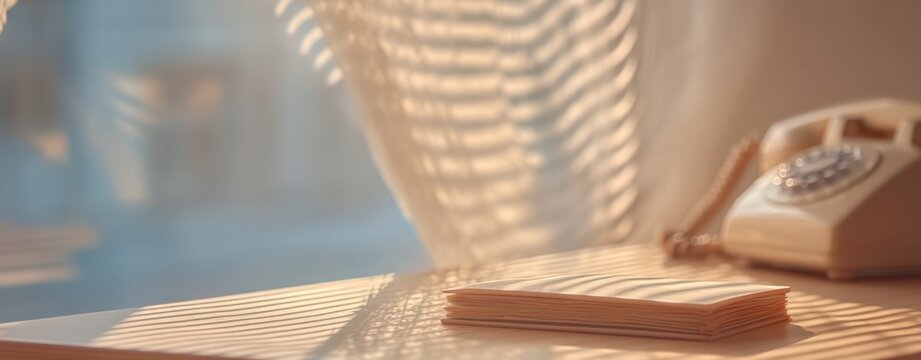 ฺBackground for business Cozy workspace with vintage rotary phone old books notepad and sunlight a clean pinstripe business texture zen peaceful healing business background