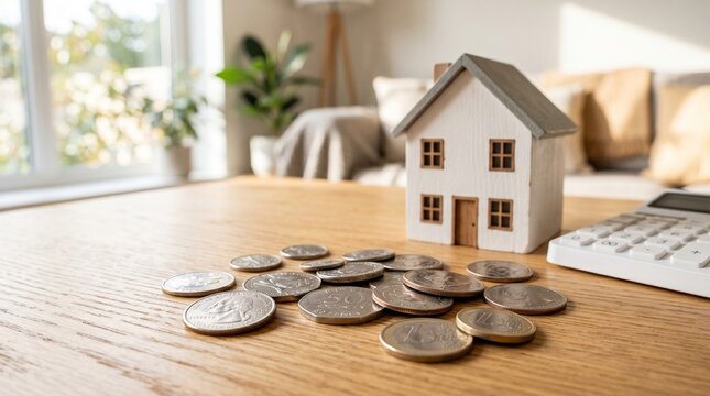 Miniature house model with coins and calculator on wooden table in living room