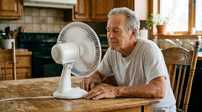 Older person sitting indoors acting as an Electric Fan Sweating Man seeking relief. Great for senior health care articles and indoor cooling tips.