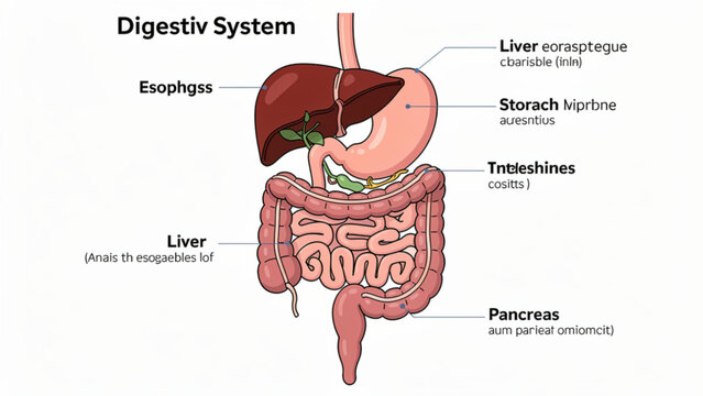 Detailed Illustration of Human Digestive System with labeled organs and internal pathways