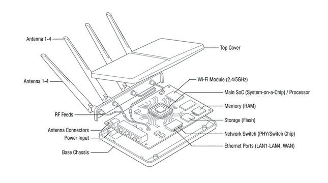 Exploded view diagram of a wireless router showing internal hardware components and assembly.