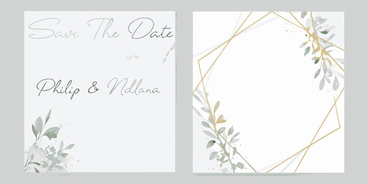 watercolor save the date card with gold geometric frame and botanical elements