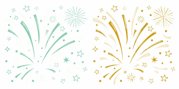 watercolor firework bursts in teal and gold with scattered stars on white background