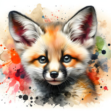 watercolor portrait of a cute baby fox, sweet fennec fox cub illustration isolated on a white background
