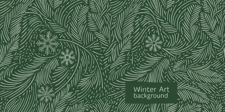 watercolor pine branch and snowflake pattern in cool teal and gray tones
