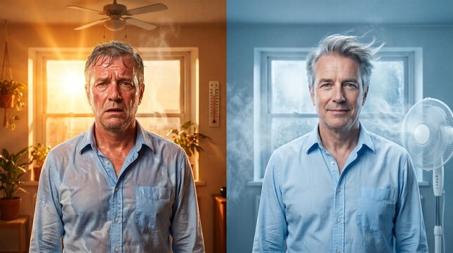 Split screen comparing an Electric Fan Sweating Man with a comfortable cooled individual. Excellent for HVAC system advertisements and indoor temperature blogs.