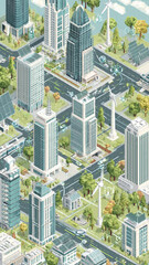 Obraz premium Modern city skyline with skyscrapers green parks and roads in daytime urban scene