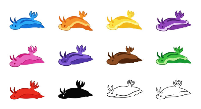 Set of Colorful Sea Slug Nudibranch Icons in Various Styles