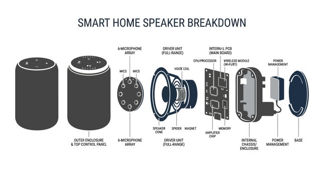 Exploded view diagram of a smart home speaker showing internal electronic and mechanical components.