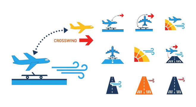 Aircraft Crosswind Landing and Takeoff Procedure Icons Set