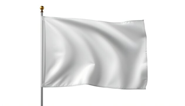 A plain white flag flutters gently on a metal flagpole against a stark white background.