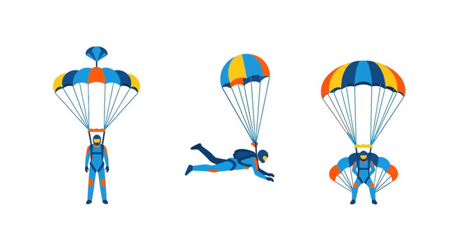 Set of Parachutists Skydivers Icons Flat Vector Illustration
