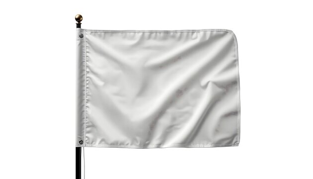 A white flag is attached to a pole and unfurls against a clean white backdrop.