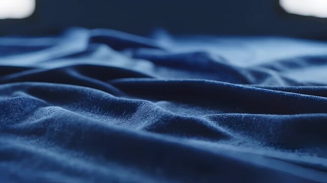 Closeup of Blue Fabric Waves in Soft Lighting.