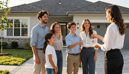 Fototapeta premium Happy family receiving house keys from professional real estate manager outside modern home, warm golden sunlight, emotional realistic photography.