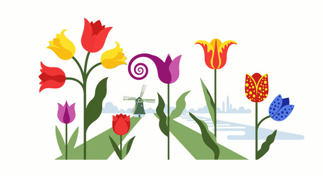 A stylized, minimalist scene of a Dutch landscape with colorful tulips and a windmill