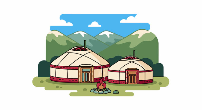 Two yurts and campfire at foothills