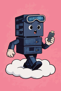 Cute Server Robot Holding USB Drive Walking on Cloud