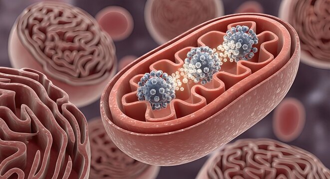 Mitochondrion, vital cellular organelle displaying intricate inner membrane cristae, depicting small virus particle interacting with energy generation process, illustrating internal cell function.