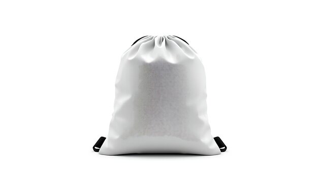 A plain white drawstring backpack is isolated on a seamless white background.