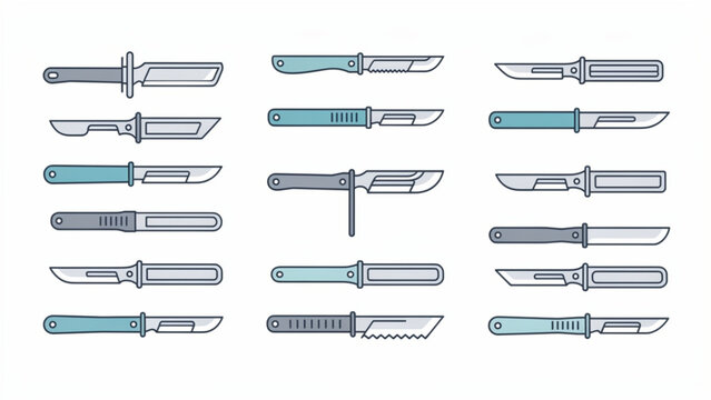 Collection of surgical scalpels with diverse blade shapes and handles for medical procedures