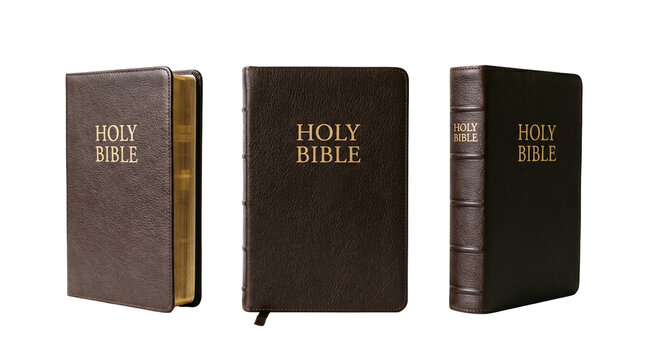 Set of 3 multi-angle views of classic leatherbound holy bible book volume, transparent background, PNG