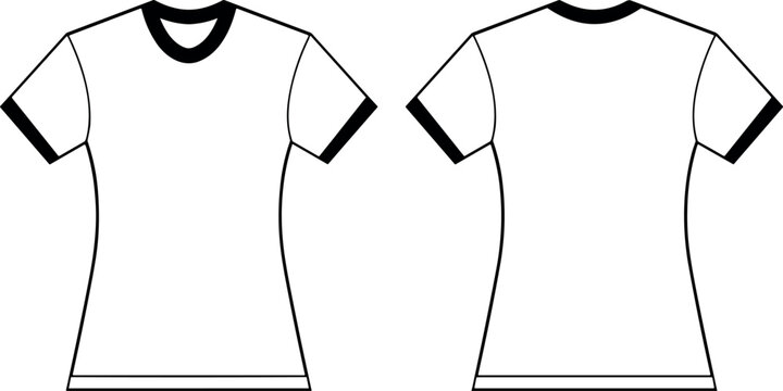 Women ringer tshirt mockup vector template with blank front and back view fashion apparel outline design elements,