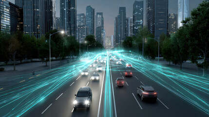 Fototapeta premium AI system monitoring traffic in real-time on smart roads. Automation of generation and training of artificial intelligence technology machines, AI.