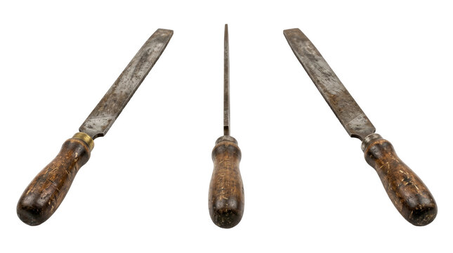 Set of 3 multi-angle views of vintage flat metal file rasp grinding tool, transparent background, PNG