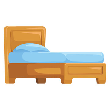 Bed emoji with blue sheets isolated on white background. Vector illustration suitable for furniture and relaxation themed visuals.