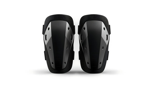 A pair of black protective knee pads with ventilation holes and adjustable straps are shown.