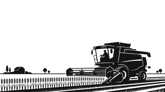 A black and white graphic illustration of a combine harvester working in a field.
