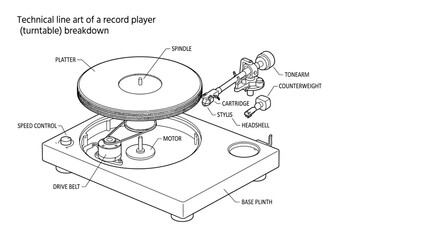 Technical line art illustration showing the exploded view components of a vinyl record player turntable. © Aagil_Umais