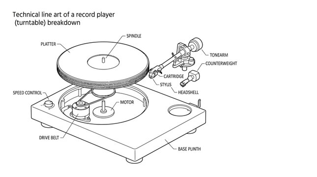 Technical line art illustration showing the exploded view components of a vinyl record player turntable.