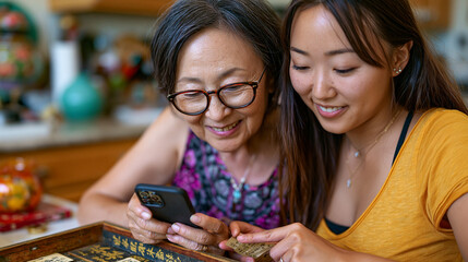 Fototapeta premium Taiwanese grandmother sorting a wooden box of handwritten family recipes at a dining table, her American-raised granddaughter photographing each card with a phone, digitizing culinary heritage befor