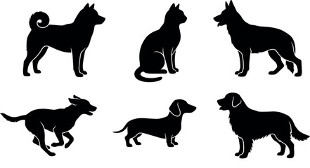 Dog and Cat Silhouette Set Featuring Various Breeds and Poses for Veterinary Clinics Pet Care Branding Domestic Animal Icons and Creative Graphic Designs © DarparajDab