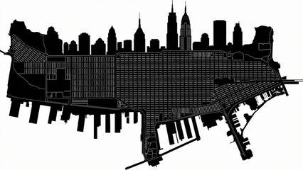 Obraz premium Black and white silhouette of New York City skyline with iconic skyscrapers and waterfront