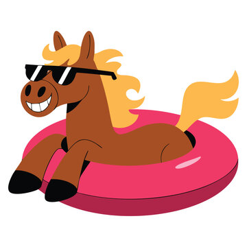 Bright flat style horse illustration with sunglasses and inflatable ring. Perfect for summer vacation, swimming pool fun and cheerful holiday graphics.