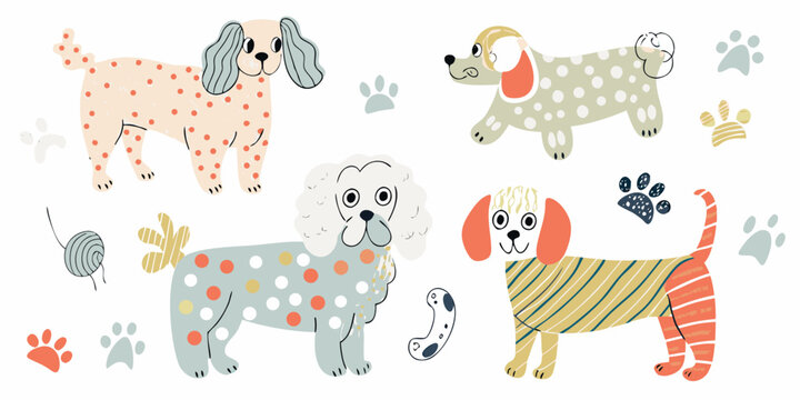Hand drawn dog breeds illustration with poodle bulldog and dachshund colorful and playful