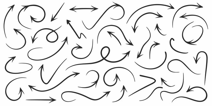 hand drawn ink arrows in varied curves and loops on a white background