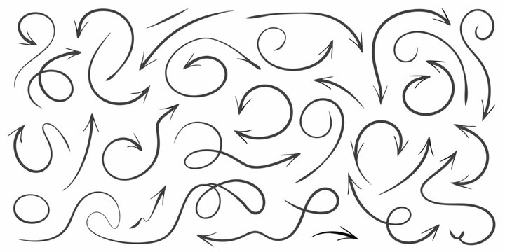 hand drawn ink arrows in looping curves varied shapes on a white background