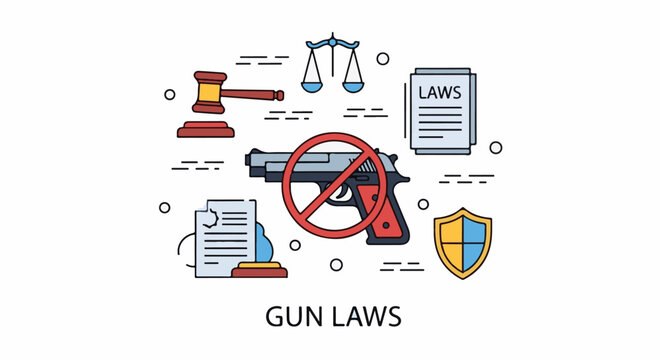 Illustration of legal symbols and a gun, representing gun laws