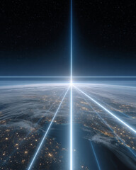 Image of A view of Earth from space with neon lines crossing the planet and city lights visible on its surface printed on Printed Glass Basin Splashbacks