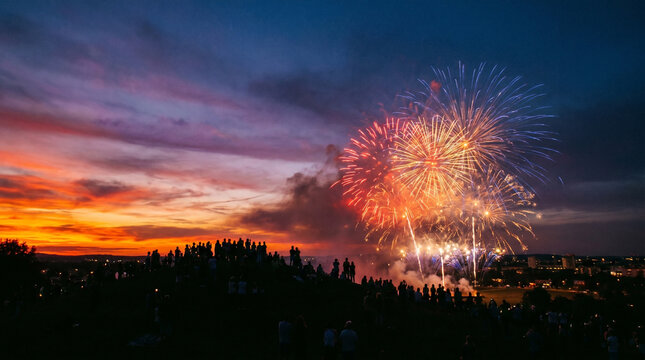 Independence day fireworks over a silhouetted crowd at sunset