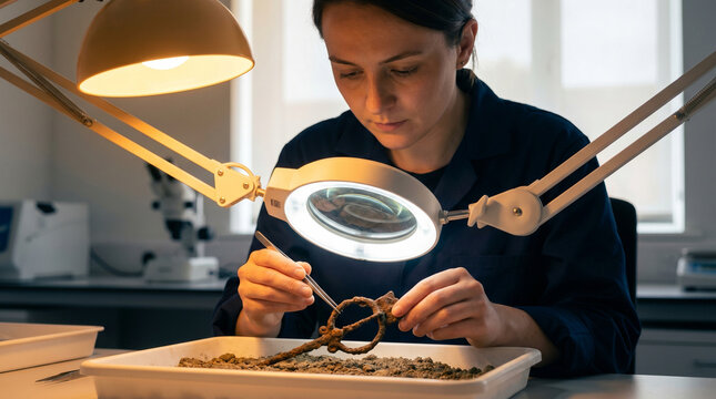 Archaeologist carefully lifting a corroded iron fibula brooch from a conservation tray with fine-tip tweezers under magnification, candlelit