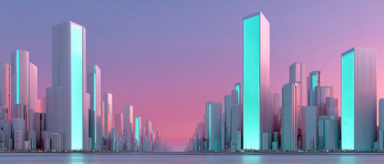 Fototapeta premium A futuristic cityscape with neon skyscrapers glowing in shades of blue and pink against a purple sky, reflecting on the water below