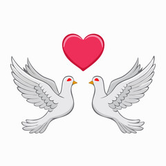 Obraz premium Two white doves flying towards each other with a red heart above