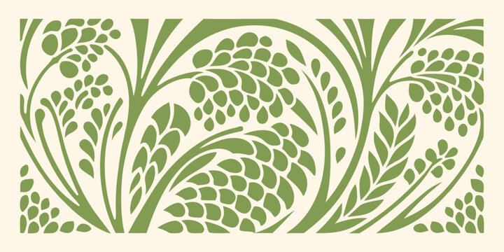 stylized foliage pattern in muted greens with overlapping leaves and stems